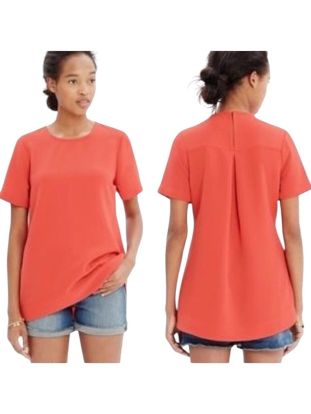 Madewell Orange Crew Neck Keyhole Neck Short Sleeve Tailored Pleated Top Size XS